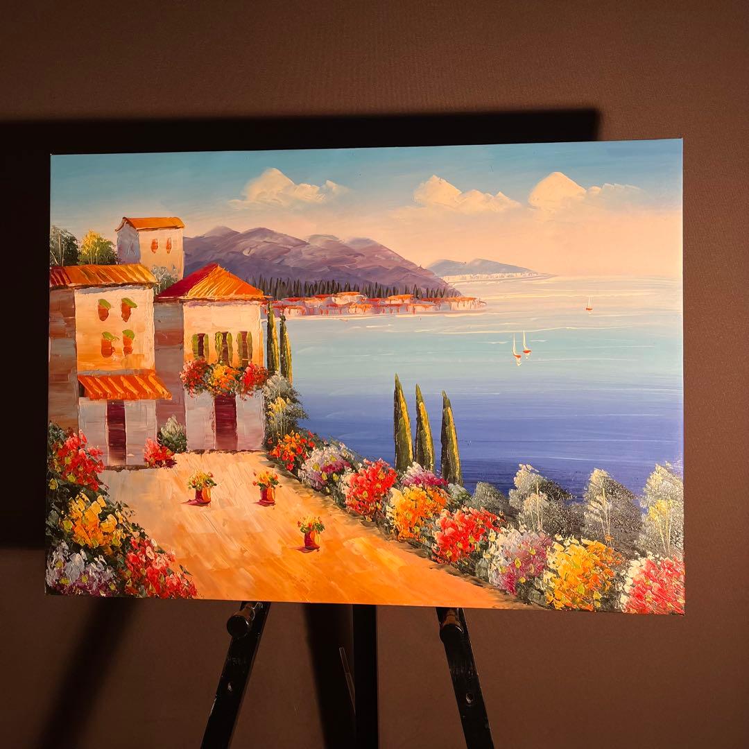 （大型）手書き油絵 地中海の風景 肉筆絵画 インテリア 油彩画