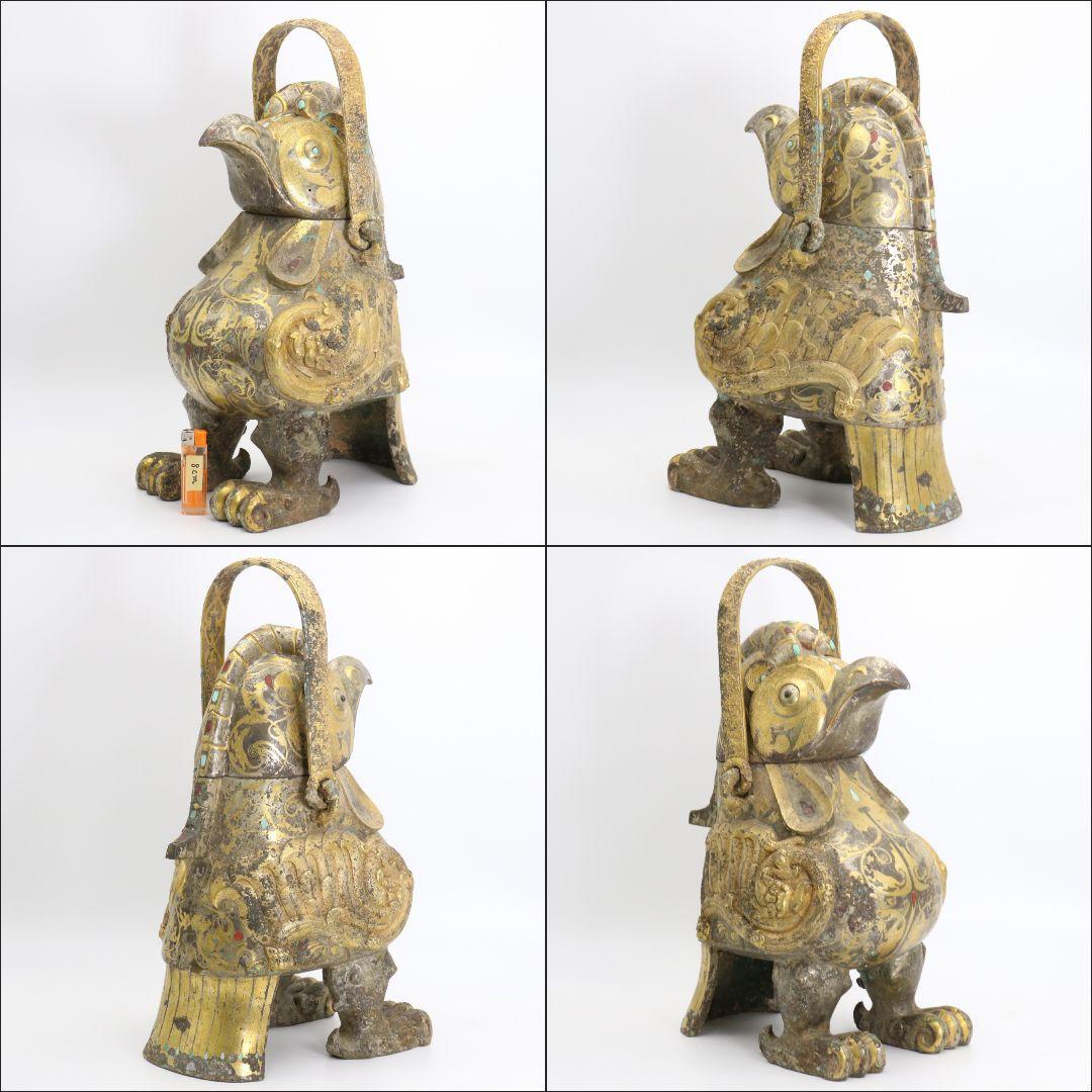 中国 青銅器 饕餮文神獣形 置物 持ち手付尊　M557