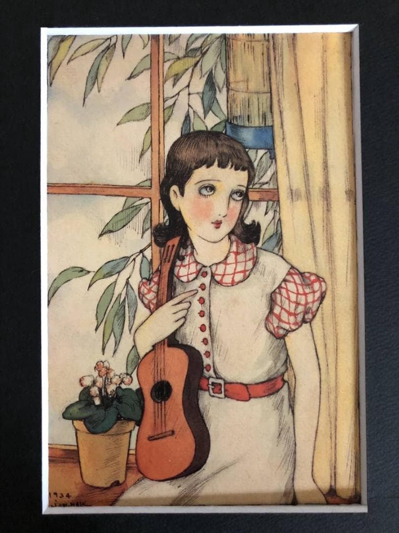 昭和レトロ、中原淳一、【窓邊】、年代物・希少画集画 、新品高級額 額装付