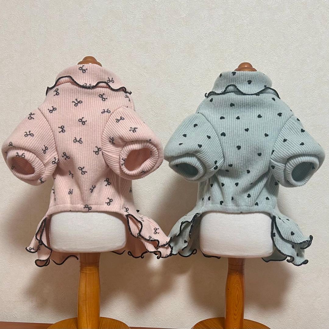 犬服ハンドメイド　起毛リブ　パフスリーブワンピ