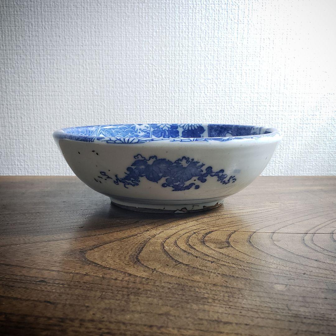 明治・大正期 印判 染付 蝶文 大鉢 径17cm 時代物 古伊万里 骨董