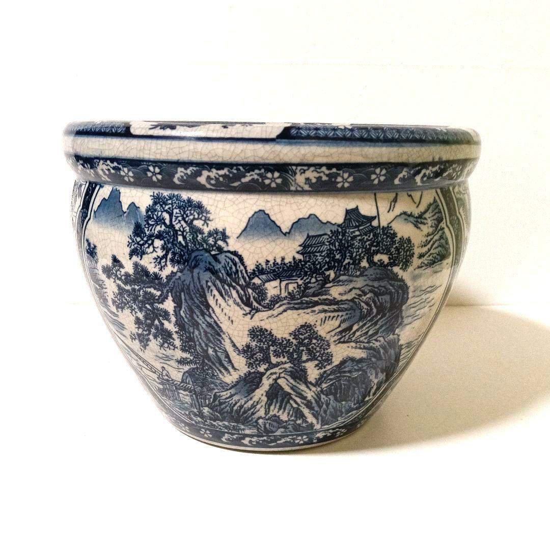 山水楼閣 鷹金魚図 火鉢 睡蓮鉢 金魚鉢 メダカ鉢