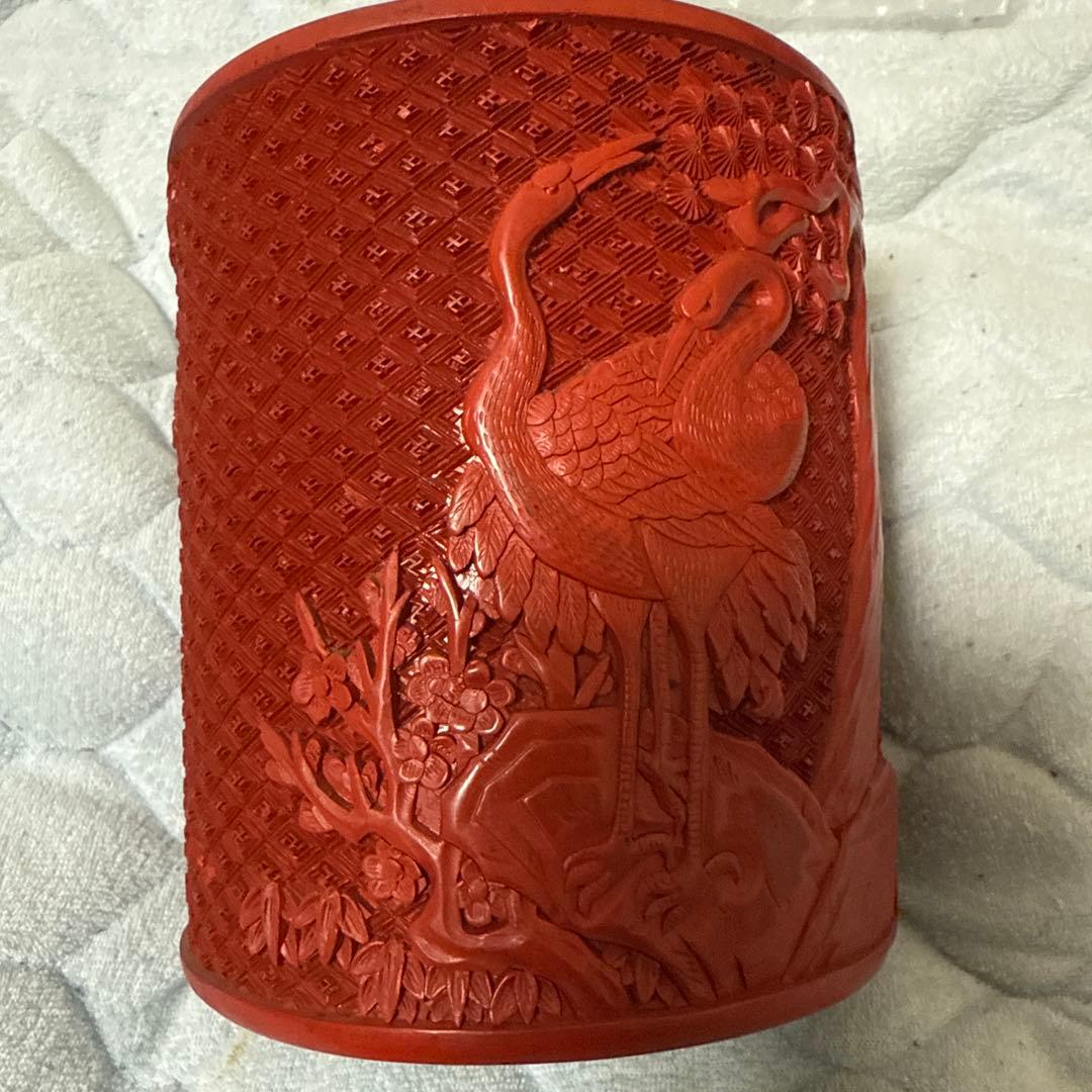 中国美術堆朱彫刻鶴図木製筆立本物保証古唐物／彫漆／堆朱／花紋／煎茶道具／書道具