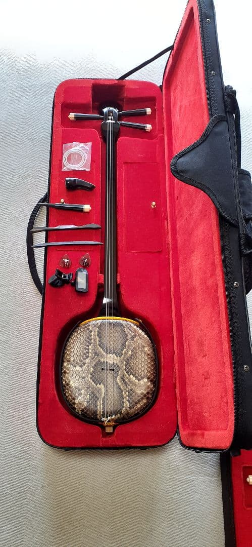 高級品沖縄三線豪華セット①☆ケース付属品多数☆両面本ヘビ革本蛇革リアルスネーク