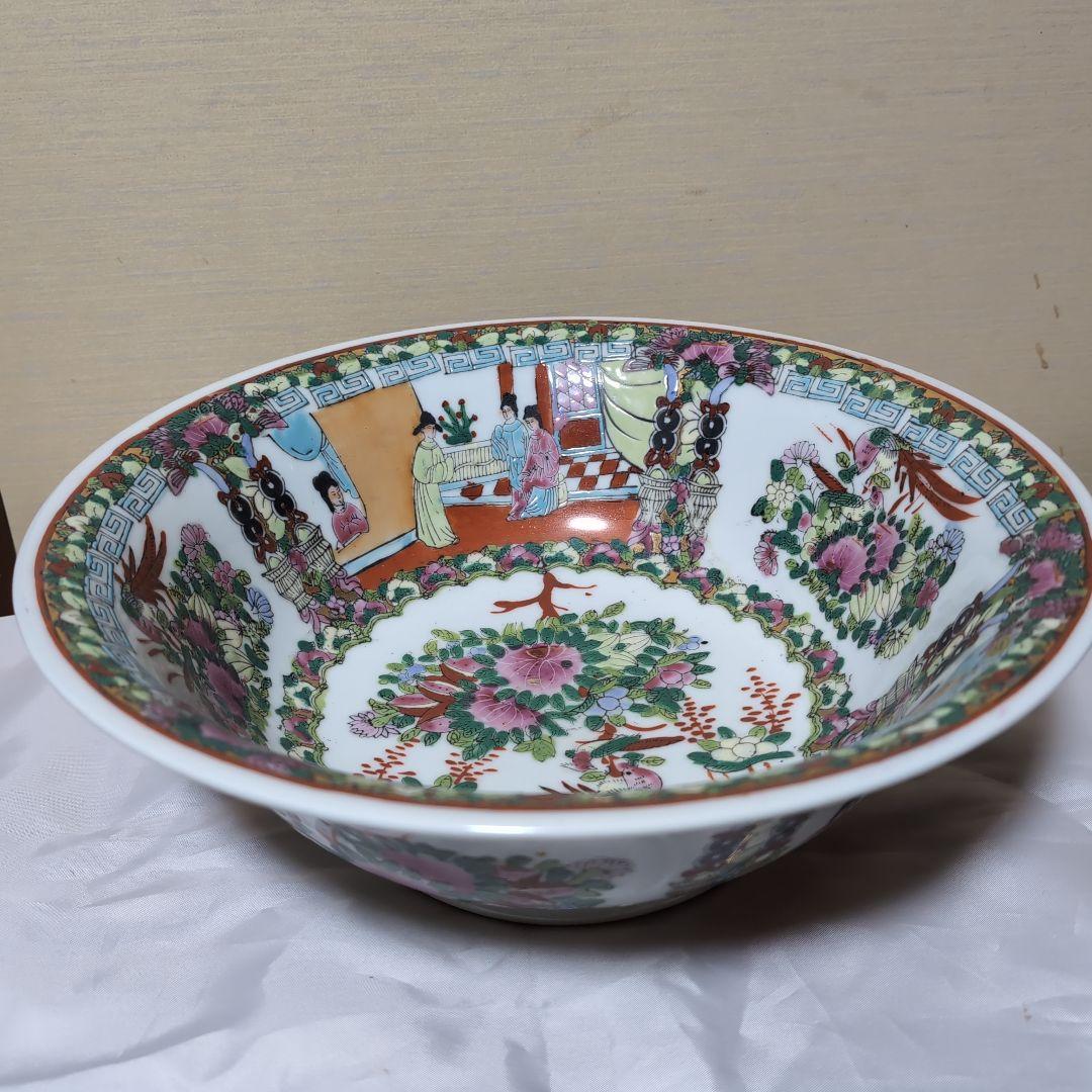 中国明時代五彩花、人物図特大丼