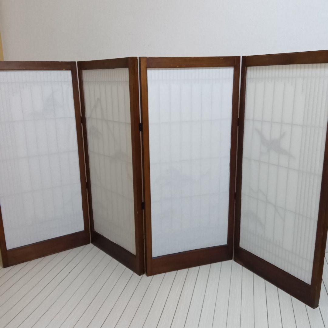 和風　木彫り　障子　４連　折りたたみ　衝立　パーテーション
