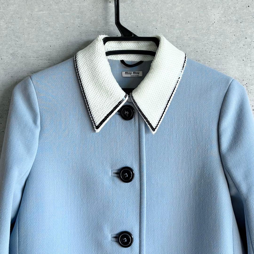 美品 miu miu スパンコール装飾 ステンカラーコート 38 ブルー