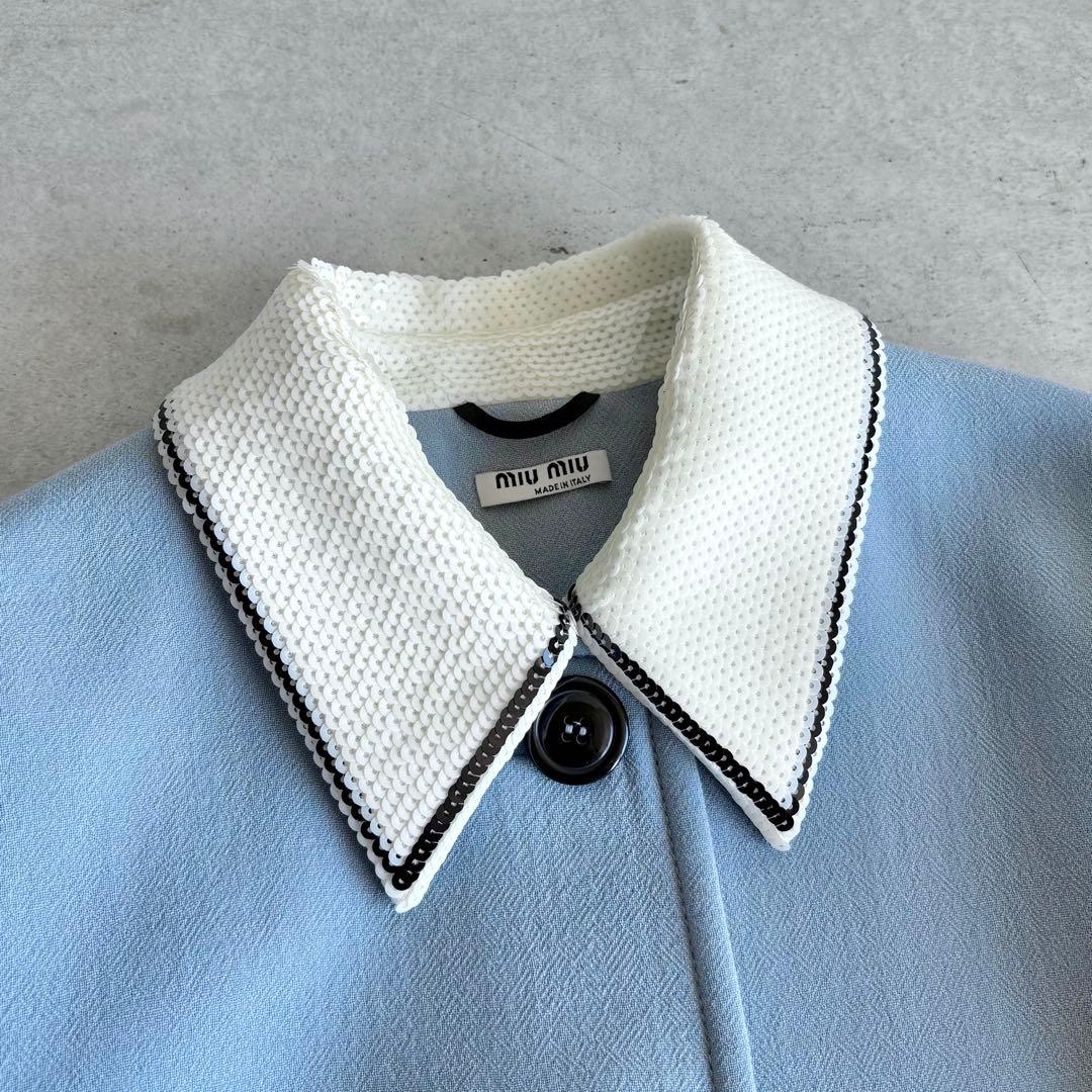 美品 miu miu スパンコール装飾 ステンカラーコート 38 ブルー