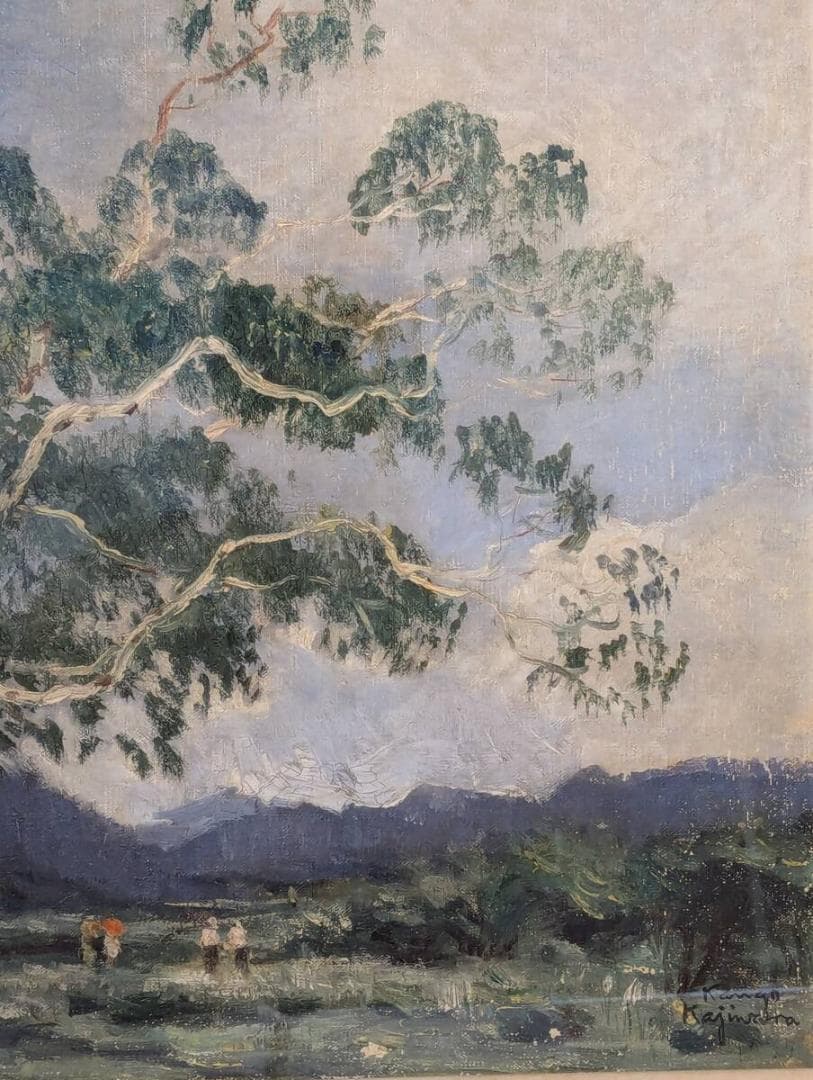 【真作】絵画　梶原貫五　油彩10号　夏の白樺　雄大な木々と田園風景　V39