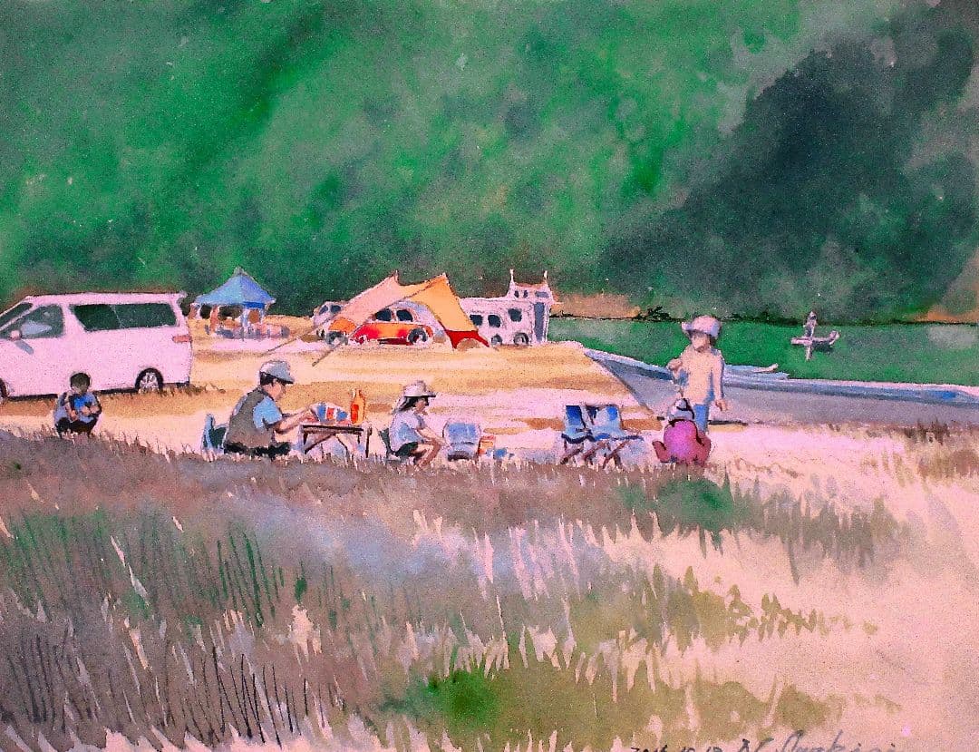 キャンプ風景 水彩画 額縁付き