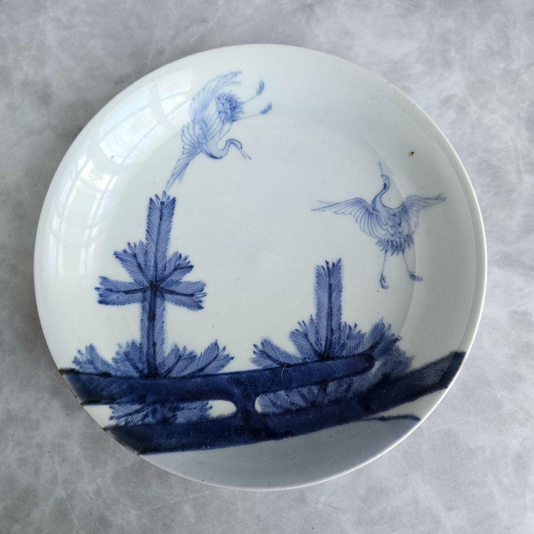 古伊万里　染付　五寸皿　松　飛翔鶴　江戸時代　金直し　金継ぎ　骨董　アンティーク