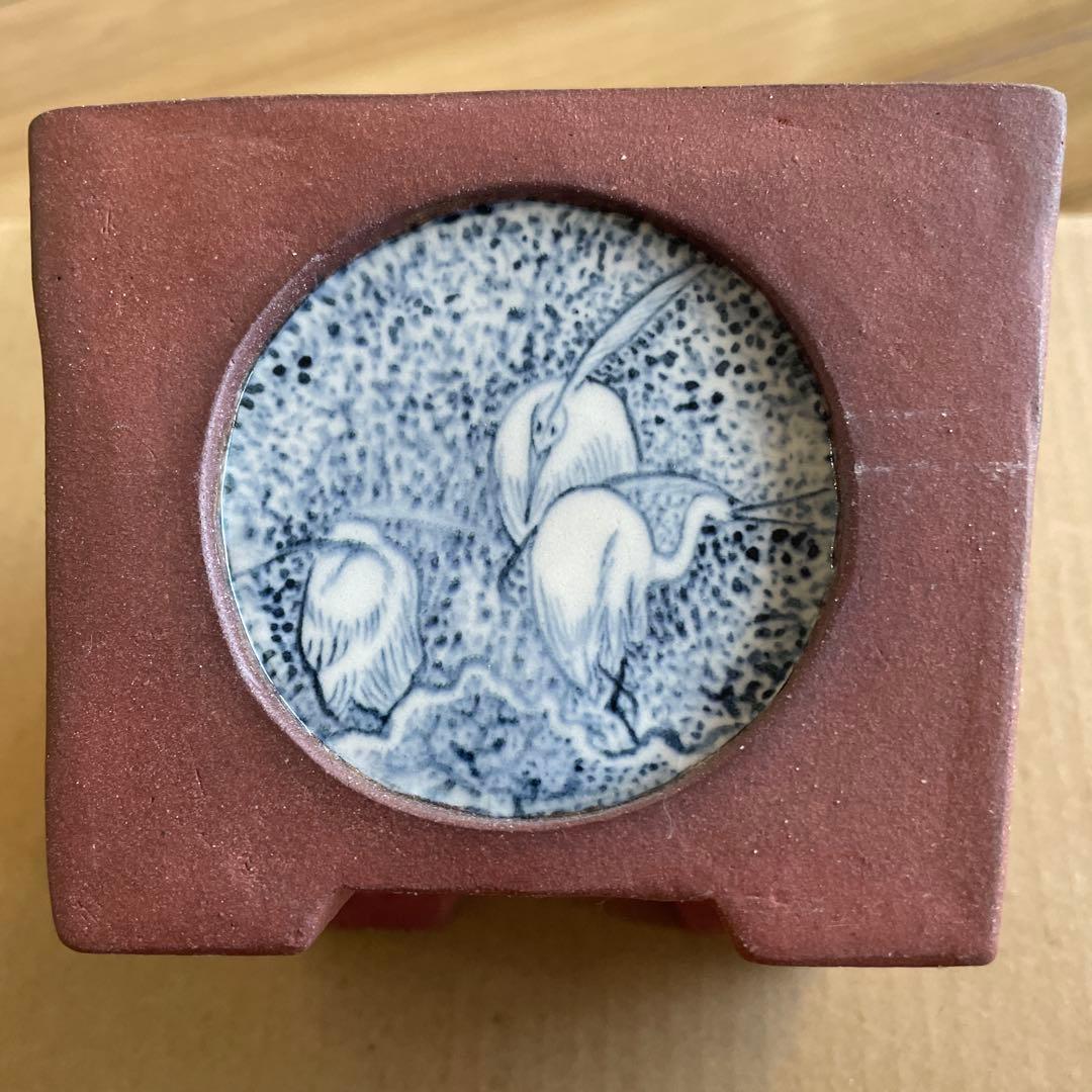 盆栽鉢　桑津香石　植木鉢　落款印　鳥　山野草　大きめ　四角形