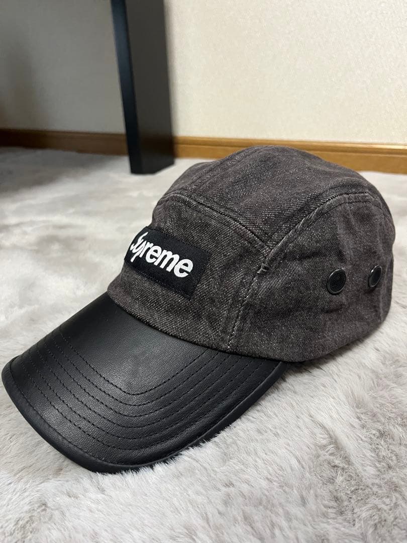 【美品】supreme ブラックデニムレザーキャップ