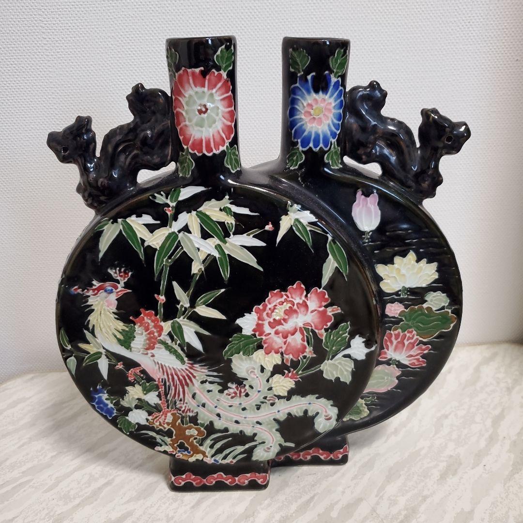 黒地陽刻花鳥文二口偏壺 大清雍正年製 740