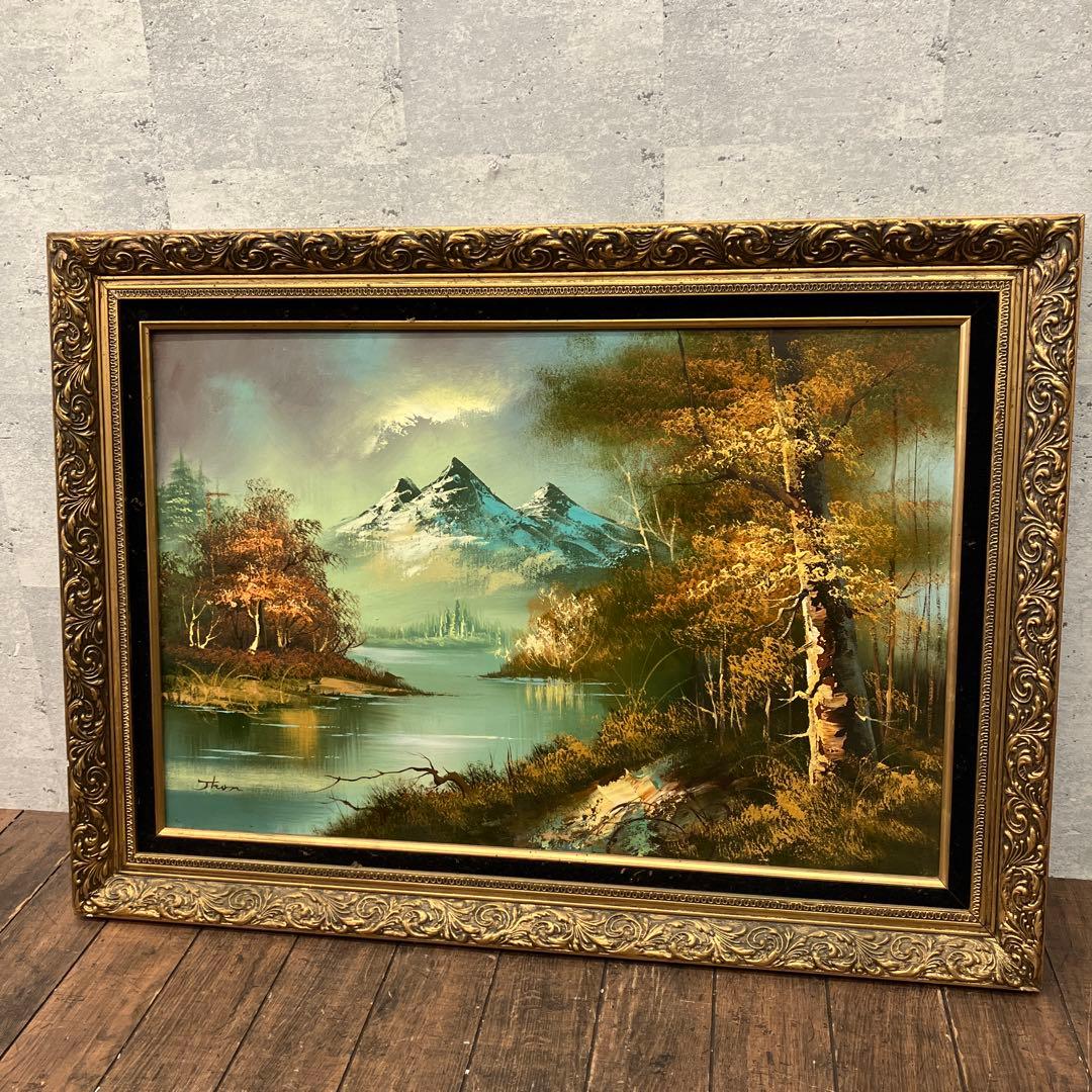 アンティーク 山水 紅葉 油彩画 油絵 風景画 金縁 絵画 オブジェ アート