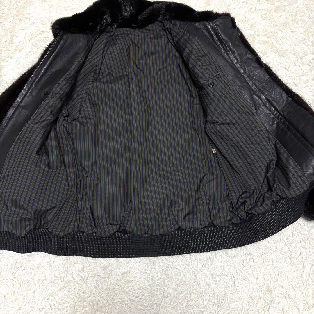 【極美品/レア】ミンク 毛皮 レザージャケット 切り替え リブ編み ブラウン