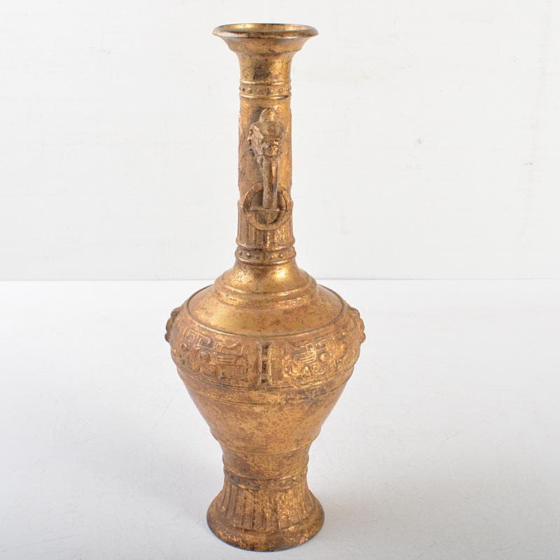 中国　古銅鍍金　饕餮文　双獣耳瓶　M　R6800