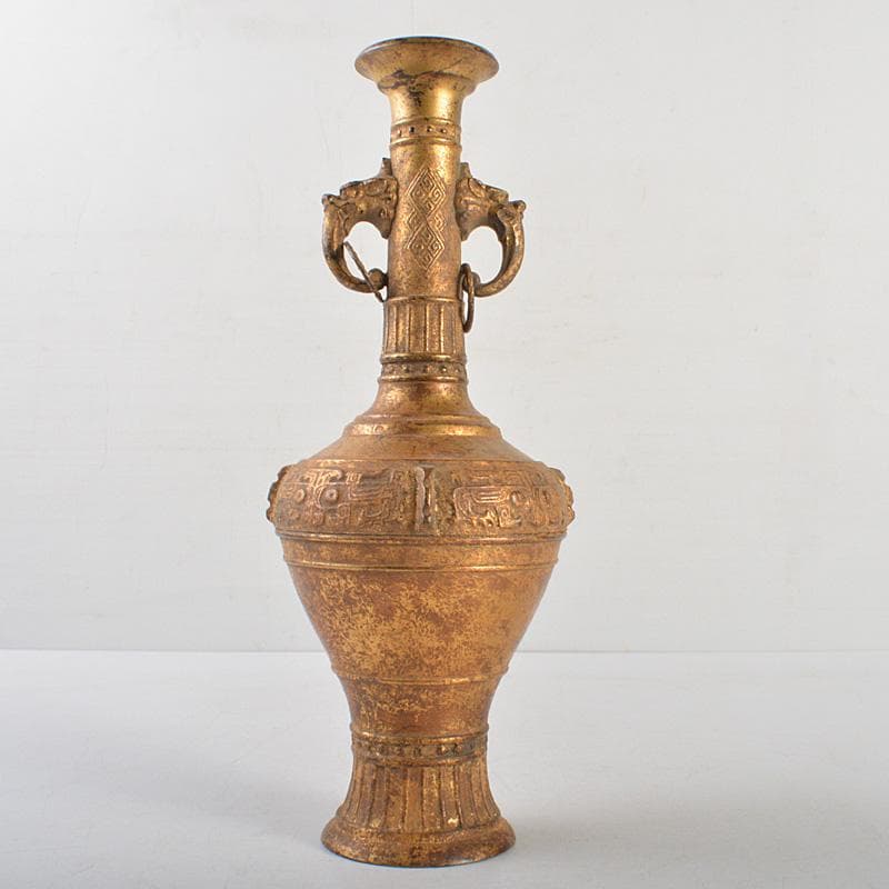 中国　古銅鍍金　饕餮文　双獣耳瓶　M　R6800