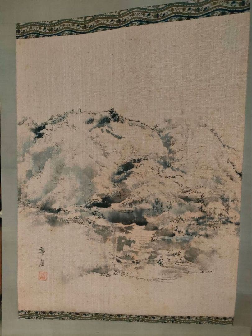 掛軸 水墨画 銘 岸野魯直(岸野忠孝)木津川の図 岸野忠孝•承•寛 共木箱付