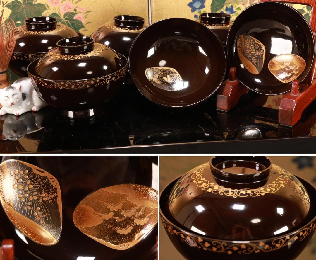 BK425　時代輪島塗　図替り　貝尽くし図金蒔絵　吸物椀　五客　木製 懐石 菓子