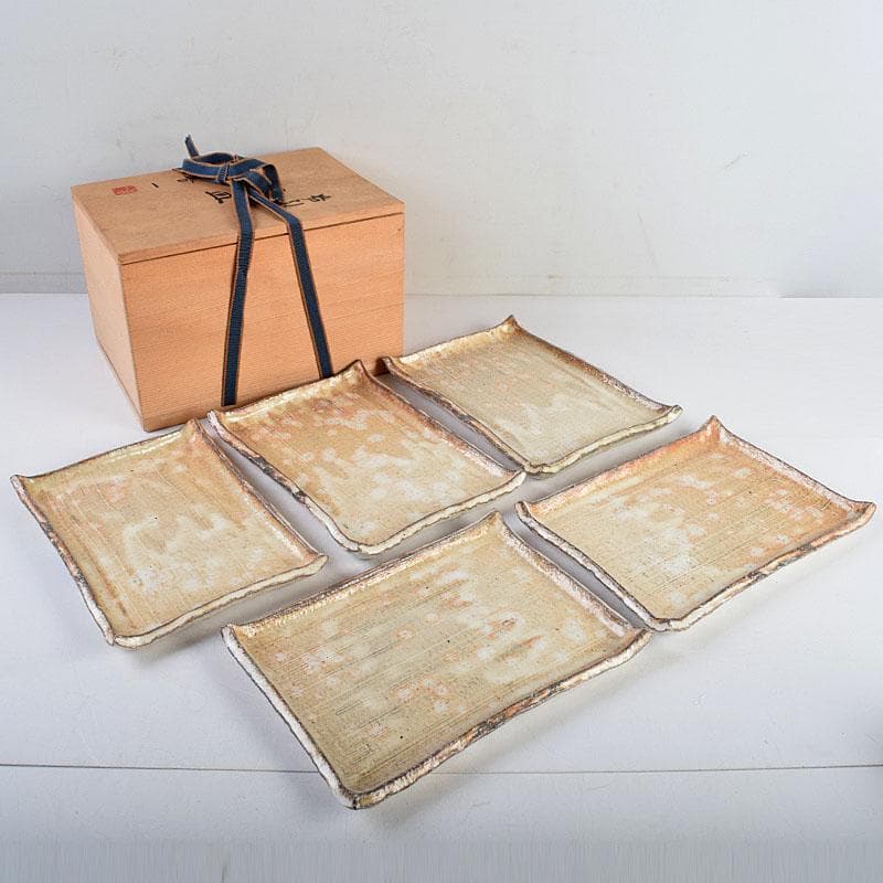 和食器　茶懐石　熊本喜一作　粉引　陶皿　銘々皿　五客　共箱　V　8917