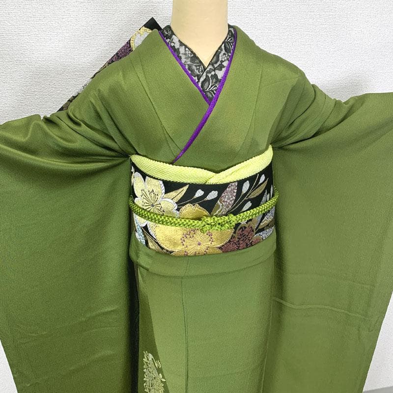 508z38〇山本寛斎 振袖 くすみ黄緑 孔雀 シンプル〇成人式 結婚式