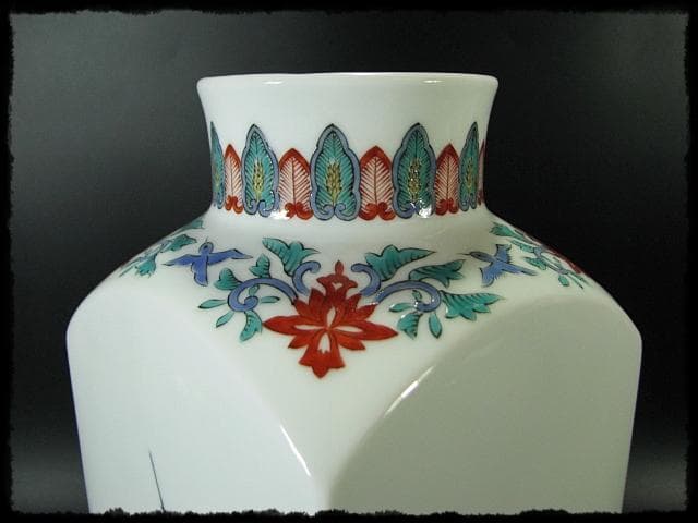 古琳庵 館林 宏久 柿右衛門 錦麦四季紋図 四方 壺 高約32cm 花入 花器