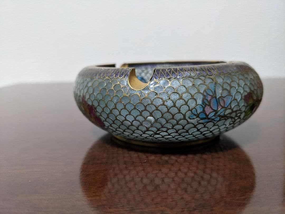 ♦中国美術工芸 薄胎磁 七宝焼 花木図 灰皿 アンティーク 骨董品 コレクション