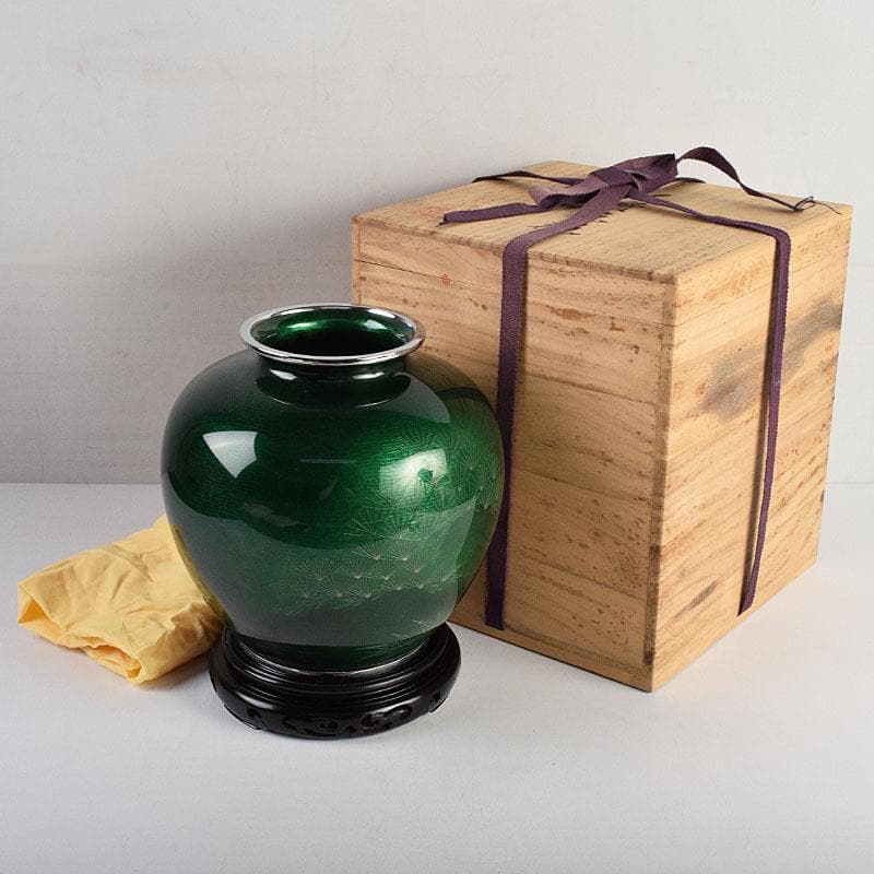 七宝焼　相互七宝謹製　緑透釉　松文　花瓶　唐木台付　共箱　M　R9393H