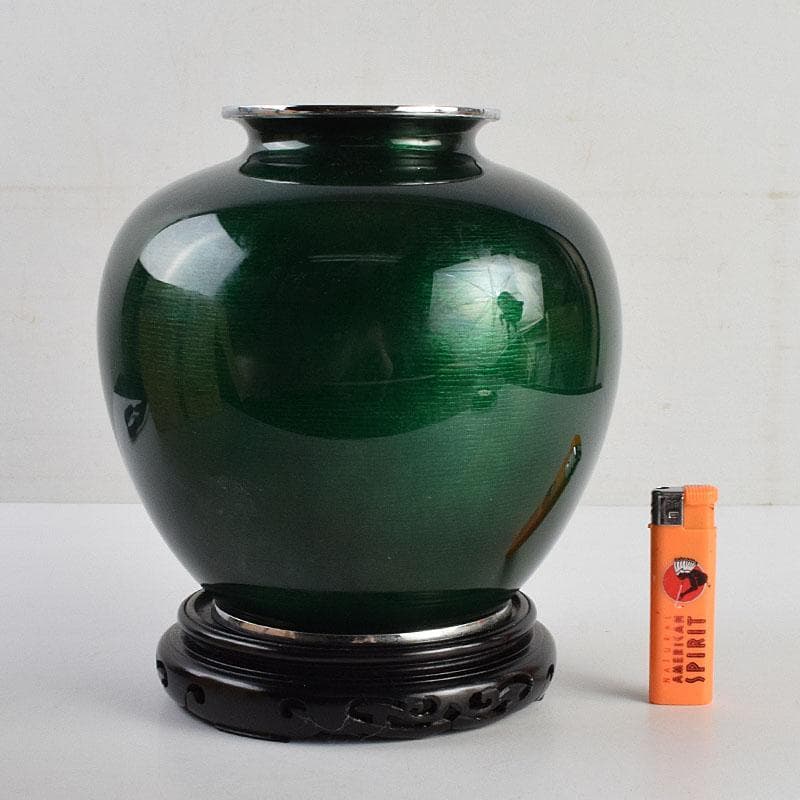 七宝焼　相互七宝謹製　緑透釉　松文　花瓶　唐木台付　共箱　M　R9393H