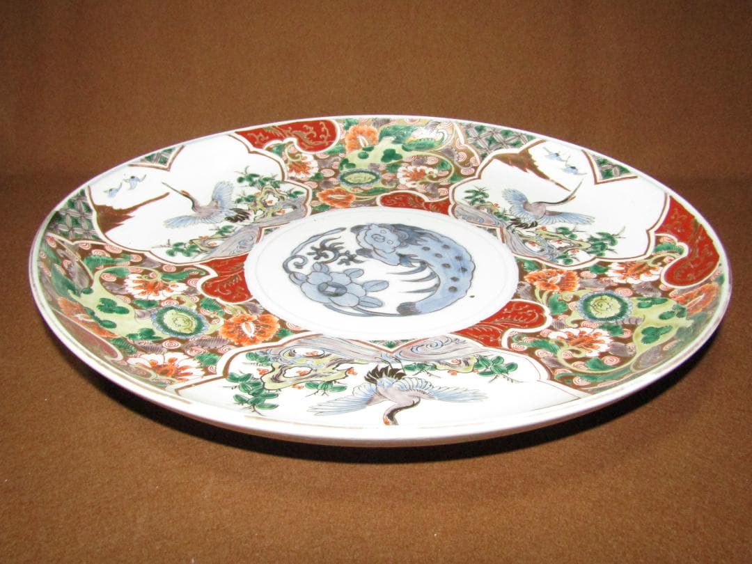 【色絵　唐獅子牡丹・鶴図　一尺三寸皿　径４０ｃｍ】古伊万里