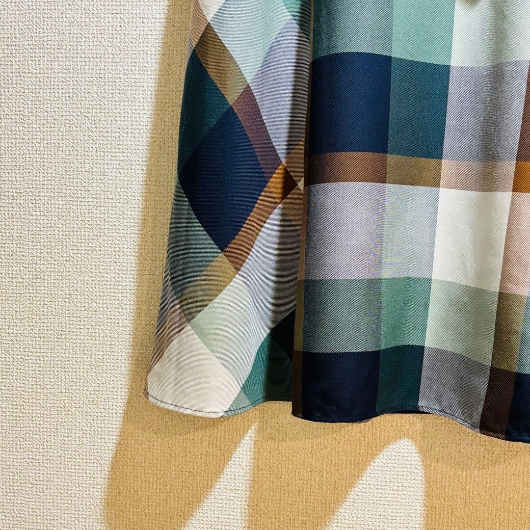 ブルーレーベル｜緑チェック フレア ベルト Aライン ミモレ 秋冬 大人可愛い