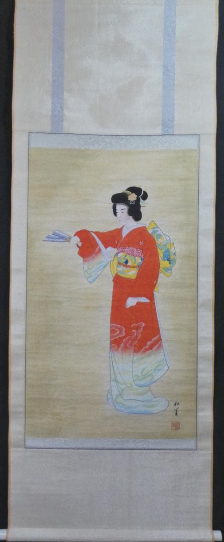 日本画　掛け軸　上村松園　美人画　手描き　肉筆　紙本