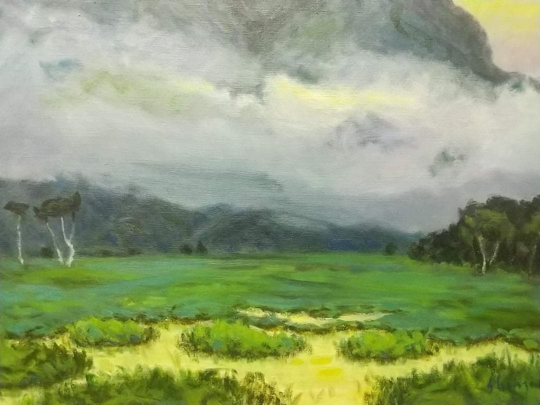 「朝霧（尾瀬ヶ原）」F15 1985 油絵 油彩画 絵画 アート 風景画 尾瀬