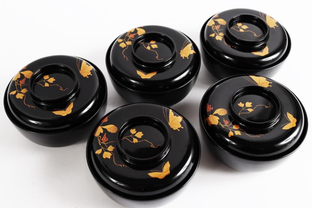 木製漆器 花蝶蒔絵 吸物椀 五客 漆芸③