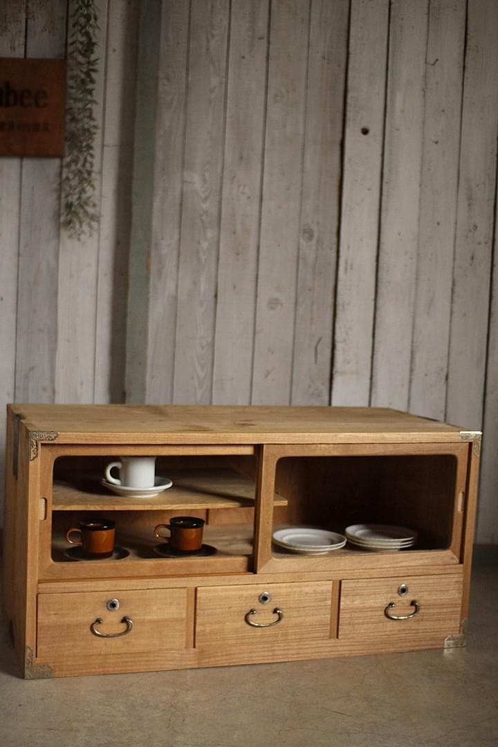 古いガラス戸棚×木製小引き出し3杯　ローチェスト　食器棚　古家具