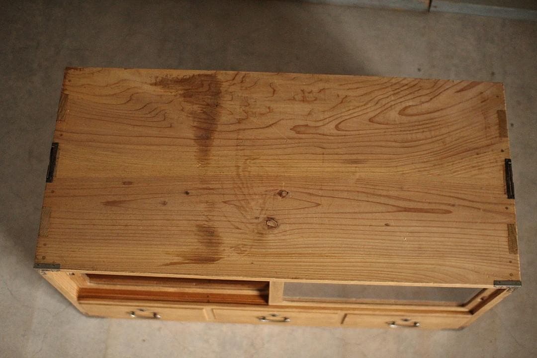 古いガラス戸棚×木製小引き出し3杯　ローチェスト　食器棚　古家具