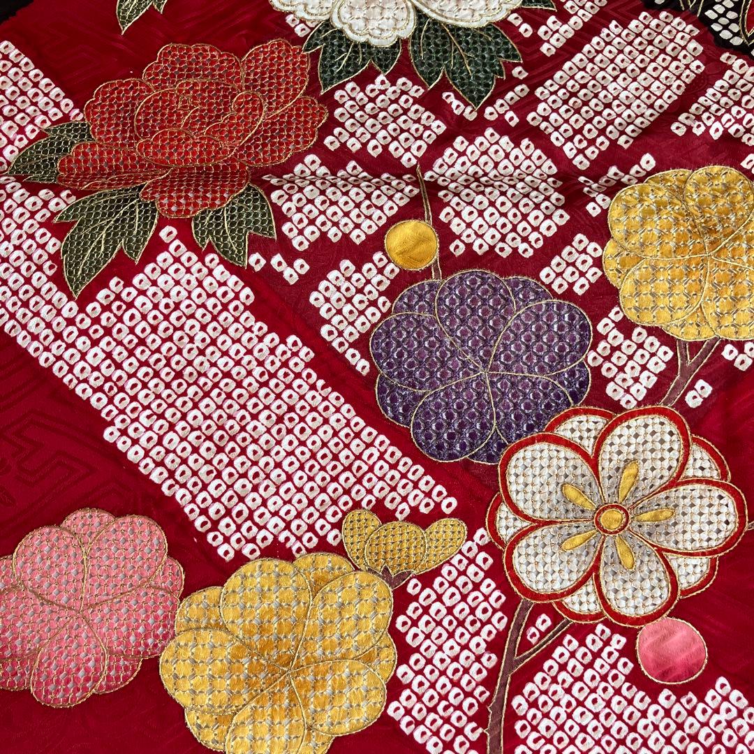 赤色花柄振袖 着物 成人式　帯