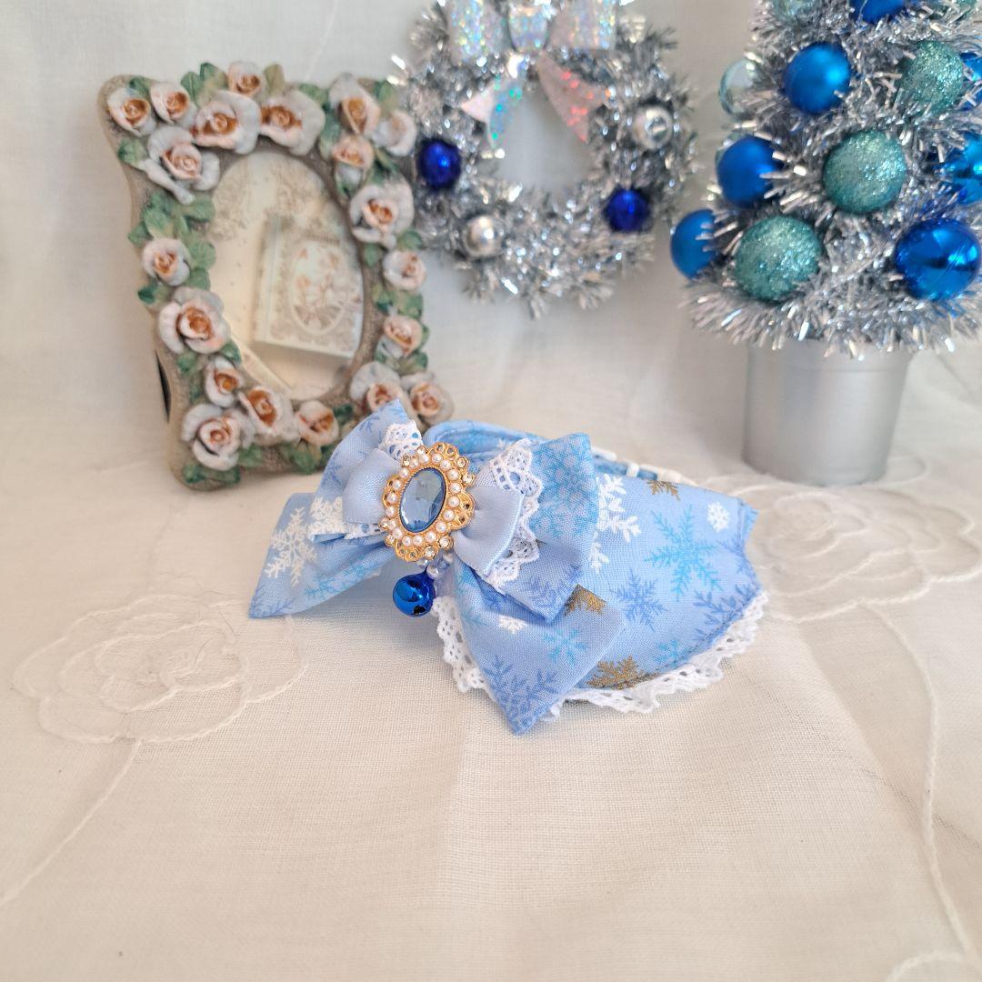 クリスマス限定、スノーフレーク柄(ブルー)わんちゃん猫ちゃん用襟付き首輪