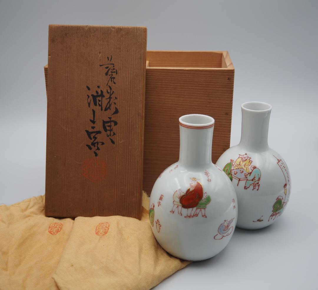 帝室技芸員 三代清風与平作 磁彩画 詩仙図 徳利一対 共箱/共布