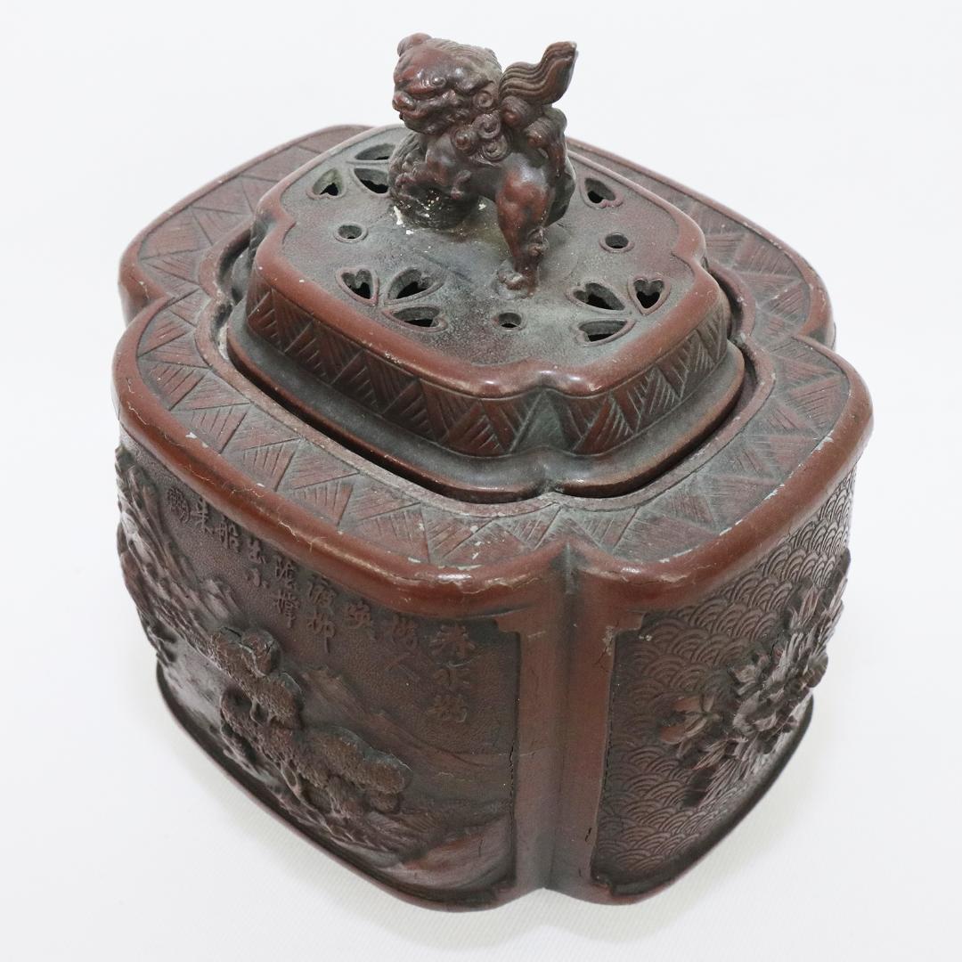 高岡銅器 佐野宏采 山水 風景図 玉乗獅子摘 四足香炉