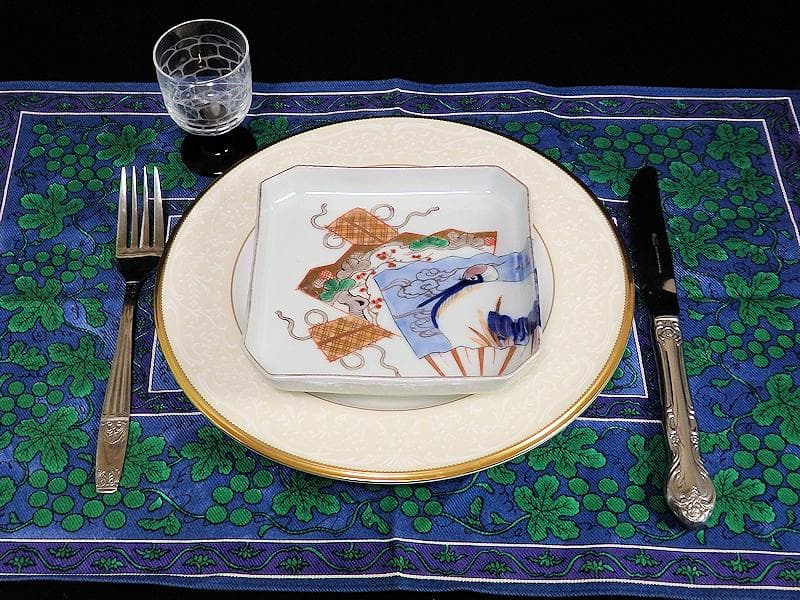 古伊万里　染錦　松に丹頂鶴の図　角皿　４枚　D827AS-BJn