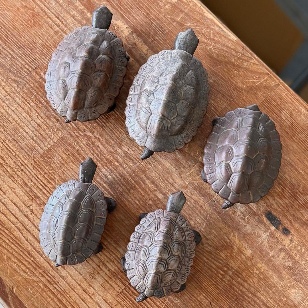 SNT105 備前焼 在銘【郁明】からくり 可動式 亀 5体 縁起物 時代物