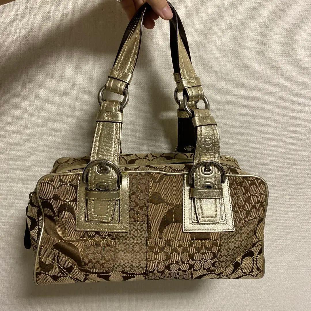 【美品】COACH ベージュゴールド シグネチャー ハンドバッグ Y2K