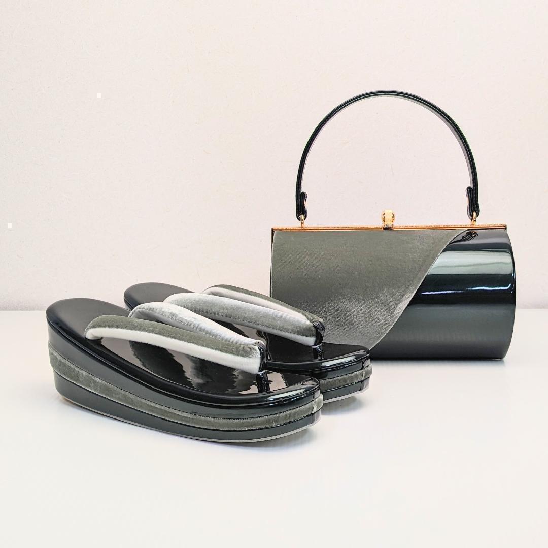 ベロア 3枚芯 ハイヒール 草履バッグ セット グリーン w64-3