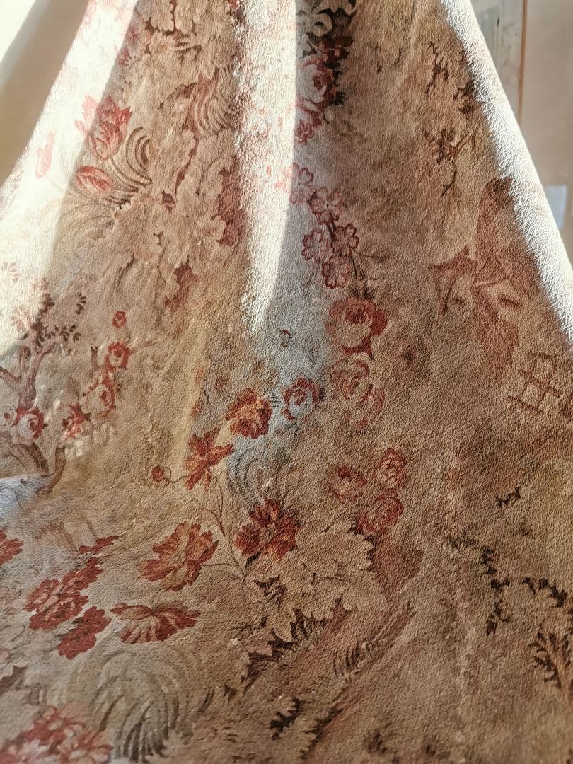 アンティークフランス トワルドジュイ 家と薔薇チューリップ ボビンレースカーテン