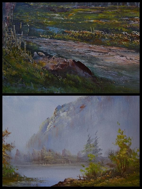 大型油絵『山水風景』肉筆油絵 風景画 作者在銘 木製額★時代物★