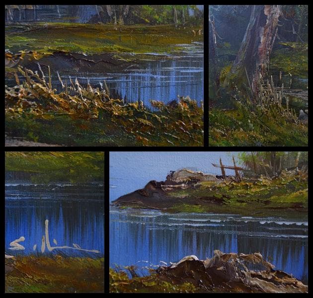 大型油絵『山水風景』肉筆油絵 風景画 作者在銘 木製額★時代物★