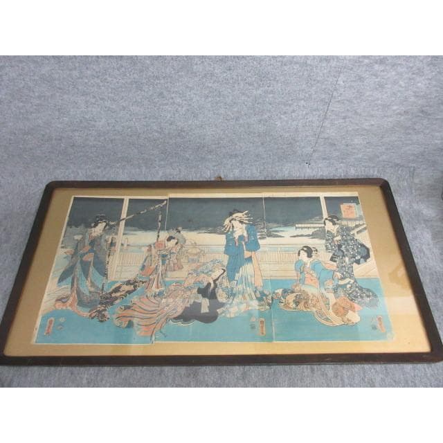 江戸版画歌川国貞美人画三枚綴り額入り [B28135]