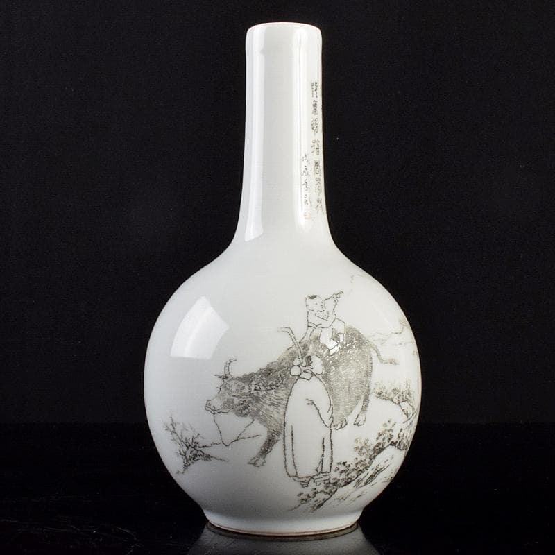 中国　打刻画在銘　漢詩山水人物文　長顎瓶　C　R5058